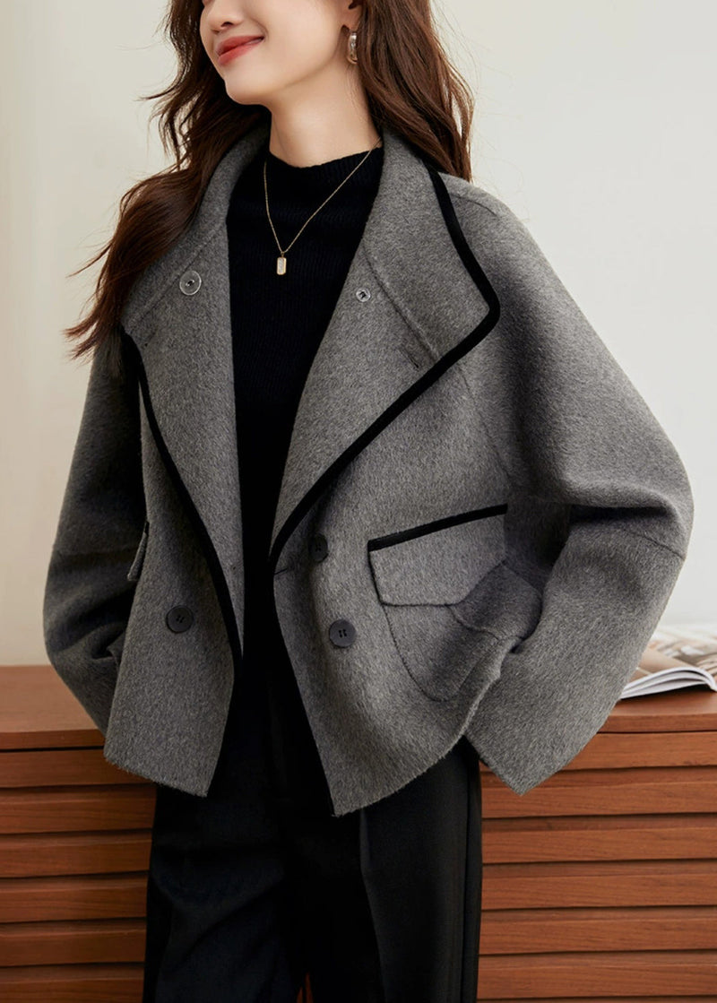 Loose Grey Button Pockets Woolen Coats Winter Wm010