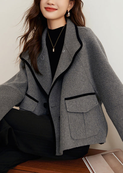 Loose Grey Button Pockets Woolen Coats Winter Wm010