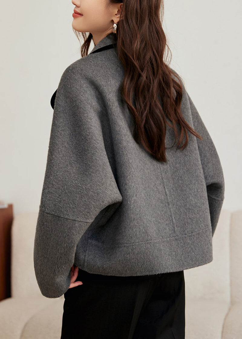 Loose Grey Button Pockets Woolen Coats Winter Wm010