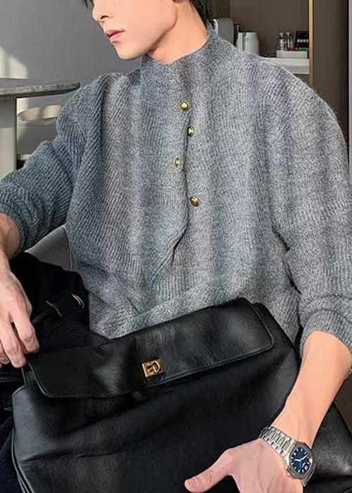 Loose Grey Button Knit Sweater Spring Tk012