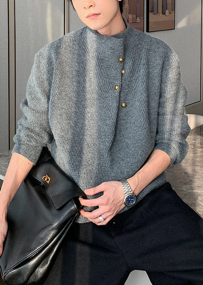 Loose Grey Button Knit Sweater Spring Tk012