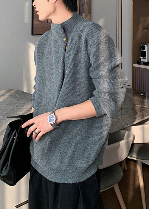 Loose Grey Button Knit Sweater Spring Tk012