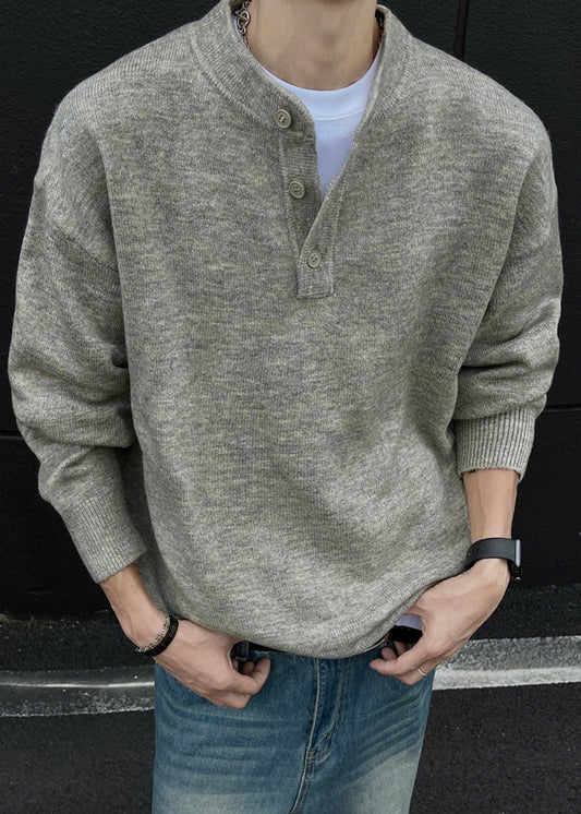 Loose Grey Button Knit Sweaters Spring Tk014