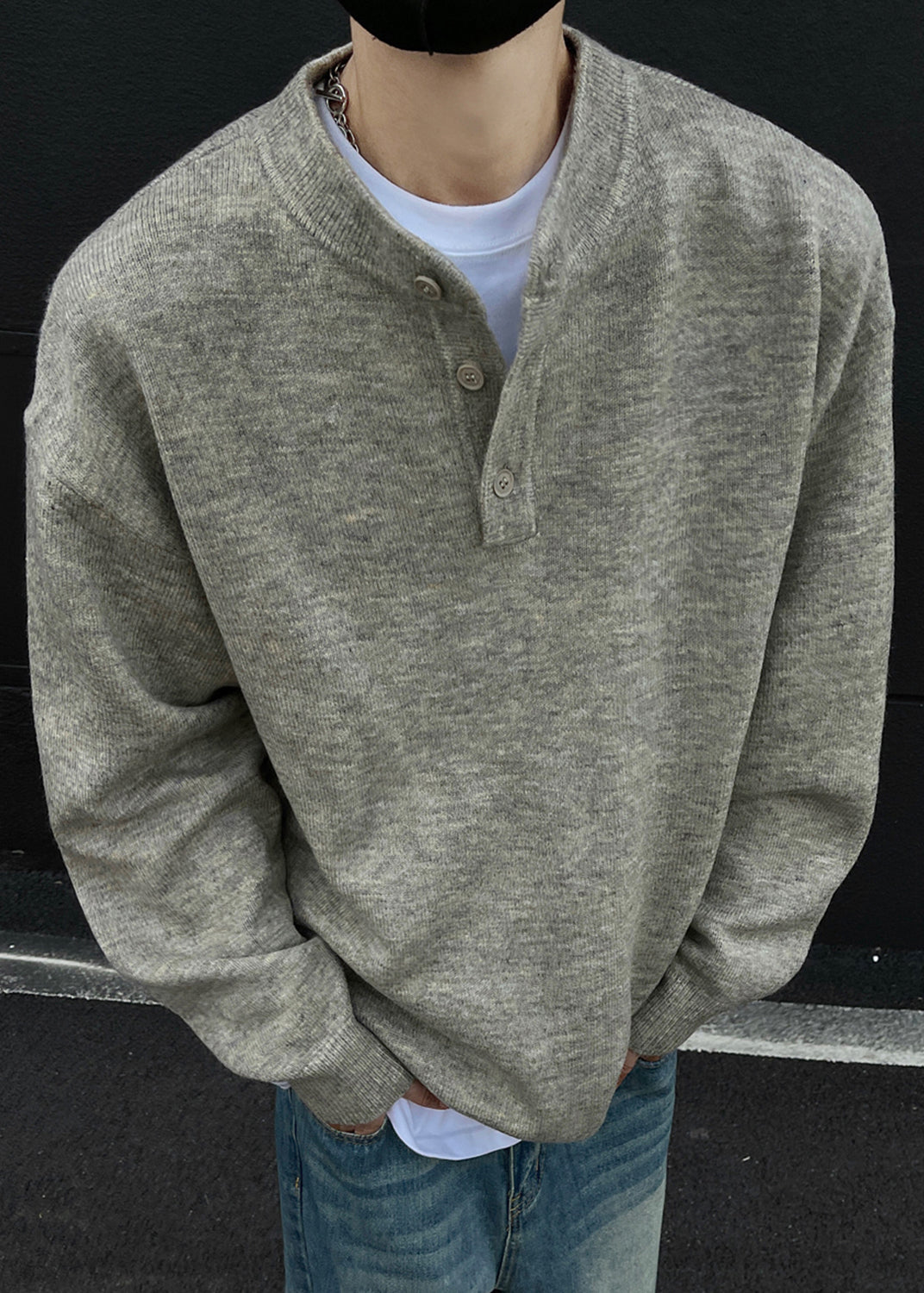 Loose Grey Button Knit Sweaters Spring Tk014