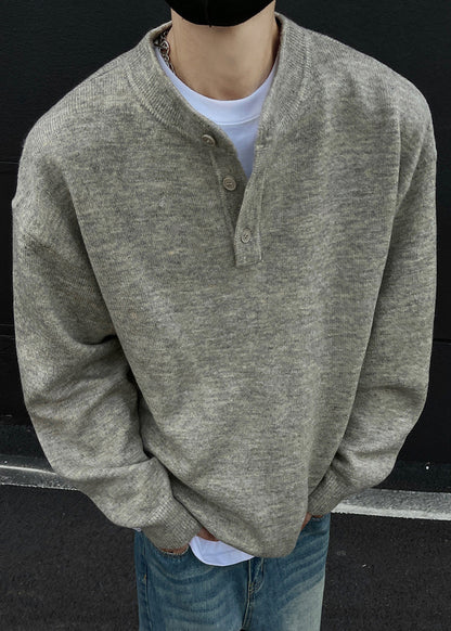 Loose Grey Button Knit Sweaters Spring Tk014