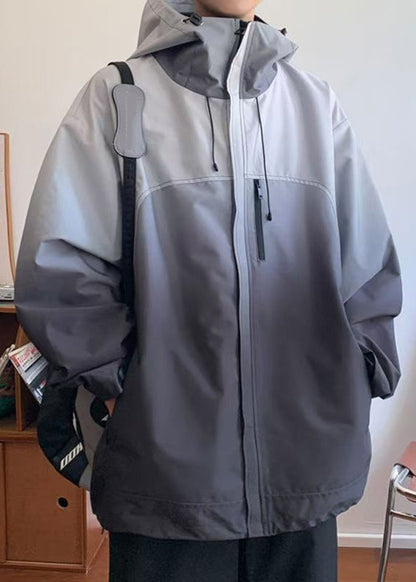Gradient Coats Zippered Cotton Color Loose Hooded Grey