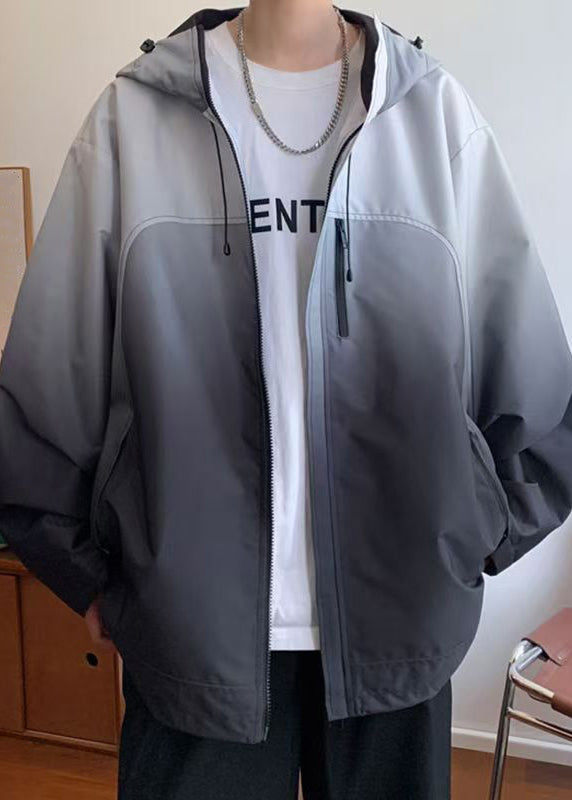 Gradient Coats Zippered Cotton Color Loose Hooded Grey