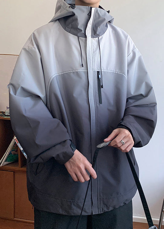 Gradient Coats Zippered Cotton Color Loose Hooded Grey