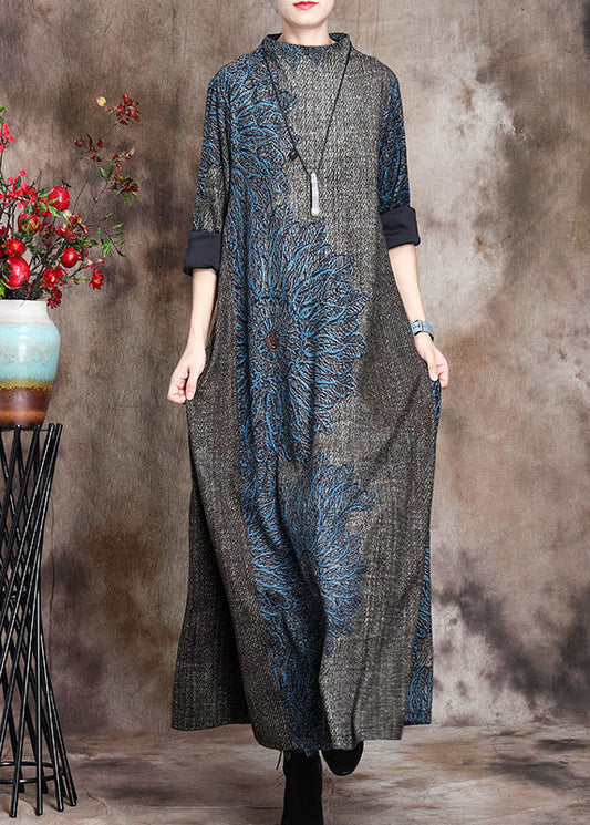 Loose Grey Half Hign Neck Print Cashmere Long Dress Fall Wn008