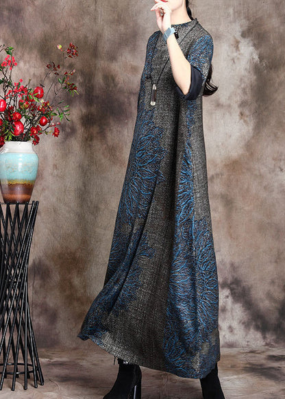 Loose Grey Half Hign Neck Print Cashmere Long Dress Fall Wn008