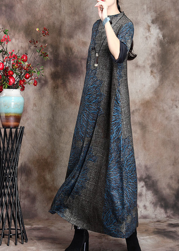 Loose Grey Half Hign Neck Print Cashmere Long Dress Fall Wn008