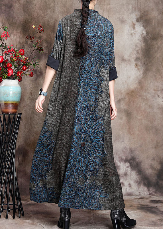 Loose Grey Half Hign Neck Print Cashmere Long Dress Fall Wn008