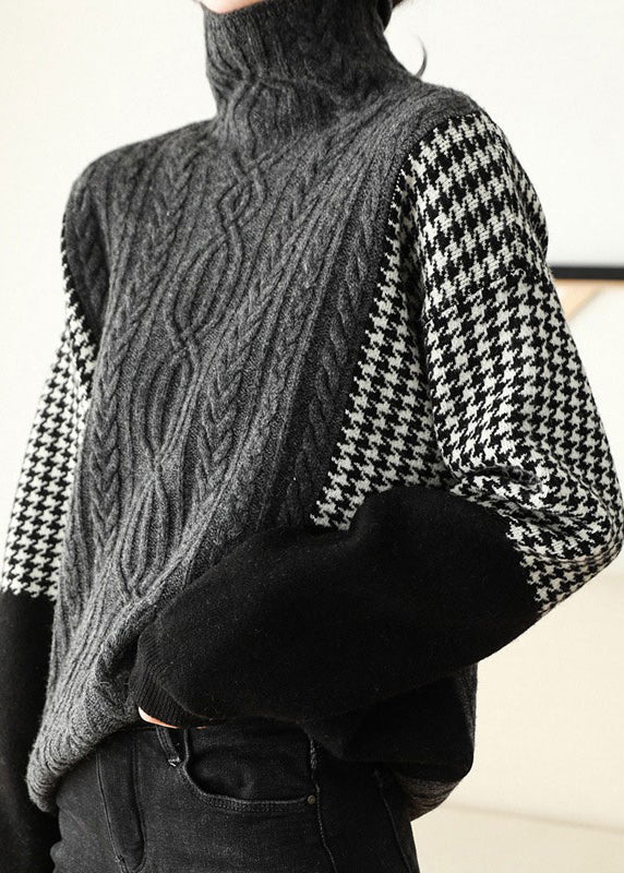 Loose Grey Hign Neck Patchwork Knit Sweater Spring Yy022