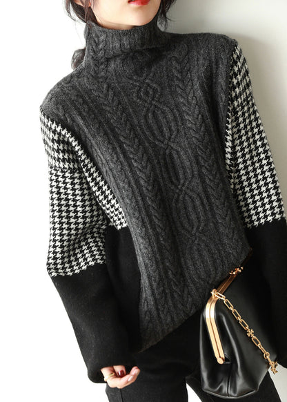 Loose Grey Hign Neck Patchwork Knit Sweater Spring Yy022