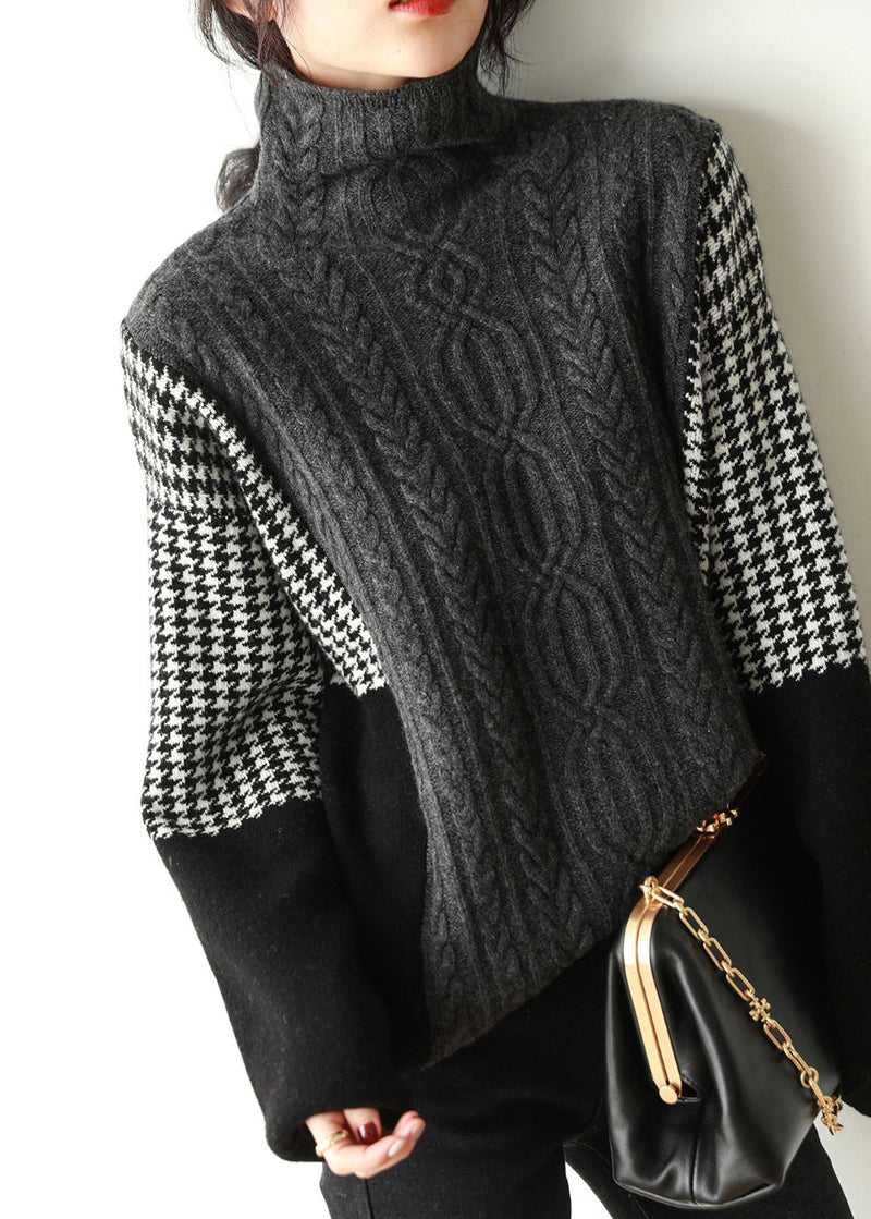 Loose Grey Hign Neck Patchwork Knit Sweater Spring Yy022