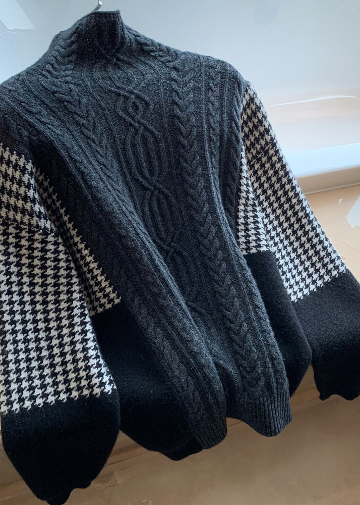 Loose Grey Hign Neck Patchwork Knit Sweater Spring Yy022