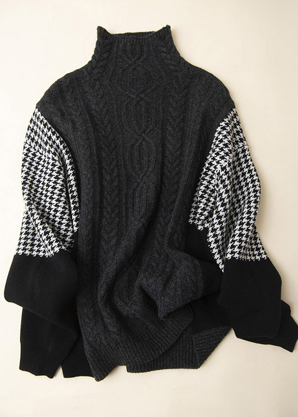 Loose Grey Hign Neck Patchwork Knit Sweater Spring Yy022