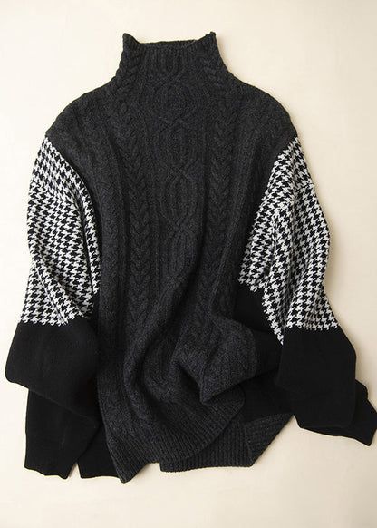 Loose Grey Hign Neck Patchwork Knit Sweater Spring Yy022