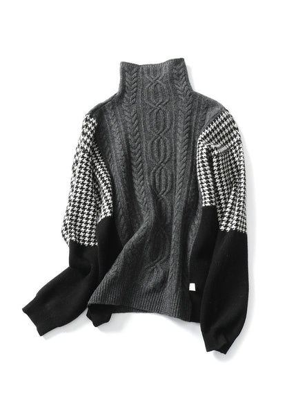 Loose Grey Hign Neck Patchwork Knit Sweater Spring Yy022