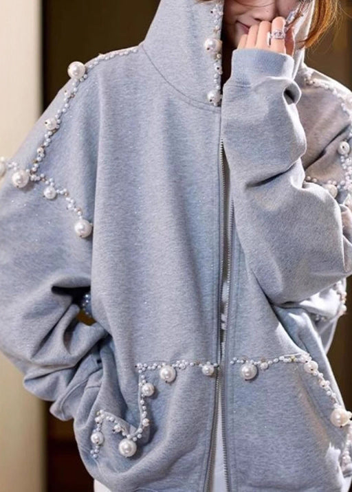 Loose Grey Hooded Pearl Pockets Cotton Coats Spring Td029