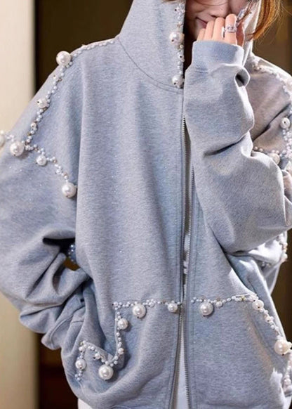 Loose Grey Hooded Pearl Pockets Cotton Coats Spring Td029