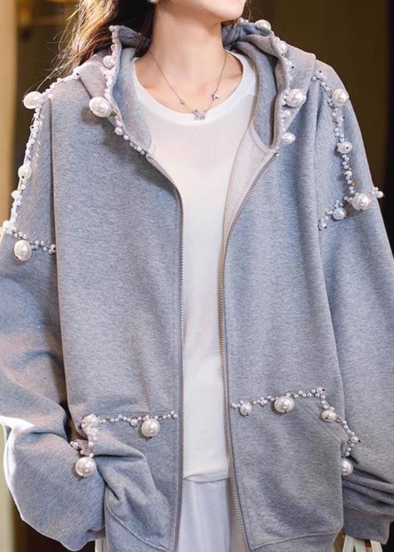 Loose Grey Hooded Pearl Pockets Cotton Coats Spring Td029