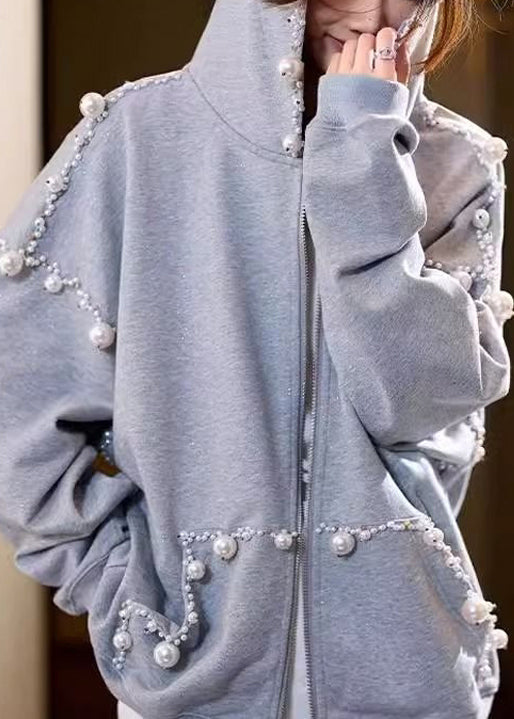 Loose Grey Hooded Pearl Pockets Cotton Coats Spring Td029