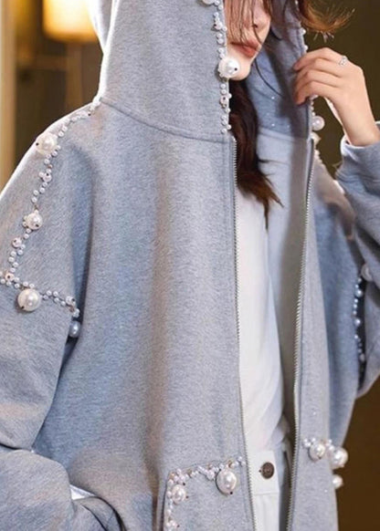 Loose Grey Hooded Pearl Pockets Cotton Coats Spring Td029