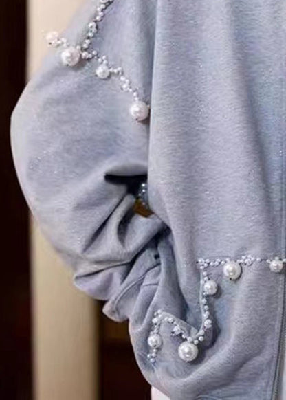 Loose Grey Hooded Pearl Pockets Cotton Coats Spring Td029
