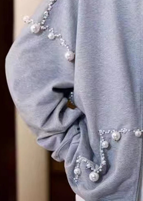 Loose Grey Hooded Pearl Pockets Cotton Coats Spring Td029