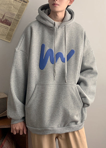 Loose Grey Hooded Pockets Cotton Sweatshirt Spring Yq028