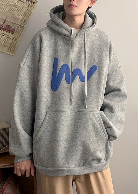 Loose Grey Hooded Pockets Cotton Sweatshirt Spring Yq028