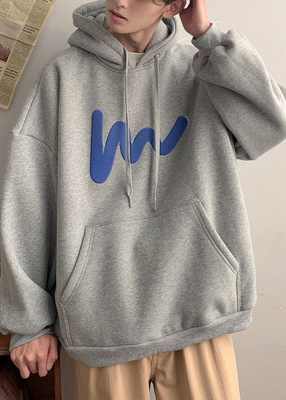 Loose Grey Hooded Pockets Cotton Sweatshirt Spring Yq028