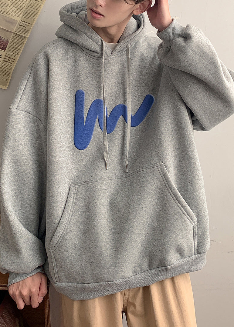 Loose Grey Hooded Pockets Cotton Sweatshirt Spring Yq028