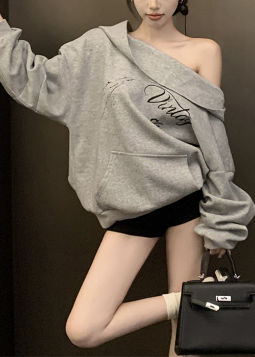 Loose Grey Hooded Print Pockets Cotton Sweatshirt Fall Wm009