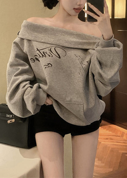 Loose Grey Hooded Print Pockets Cotton Sweatshirt Fall Wm009