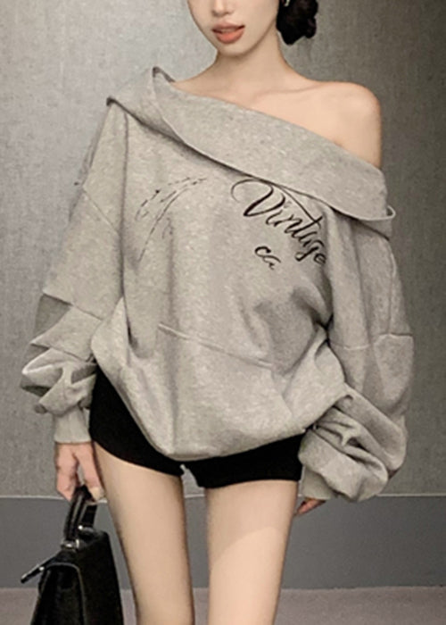 Loose Grey Hooded Print Pockets Cotton Sweatshirt Fall Wm009