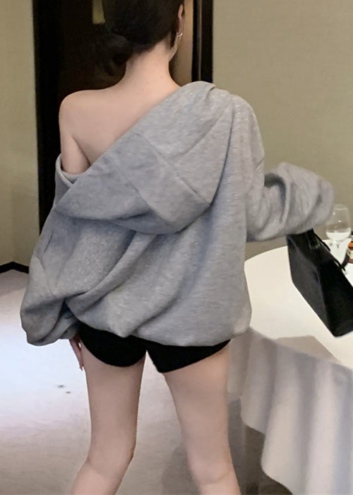 Loose Grey Hooded Print Pockets Cotton Sweatshirt Fall Wm009