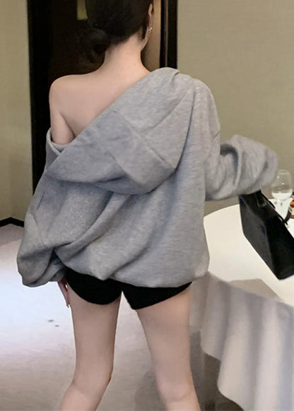 Loose Grey Hooded Print Pockets Cotton Sweatshirt Fall Wm009