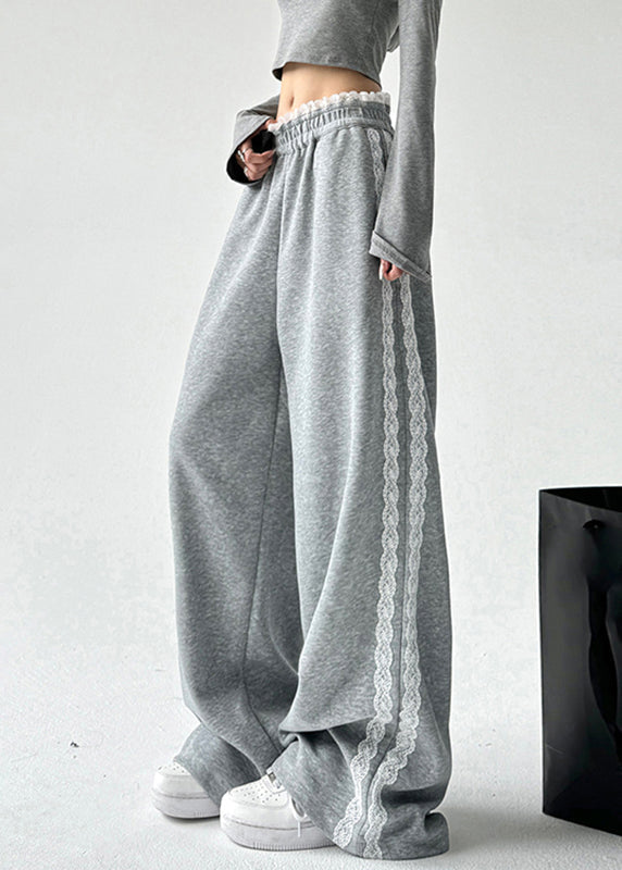 Loose Grey Lace Patchwork Elastic Waist Wide Leg Pants Spring Ta056