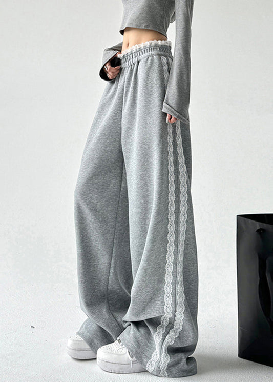Loose Grey Lace Patchwork Elastic Waist Wide Leg Pants Spring Ta056