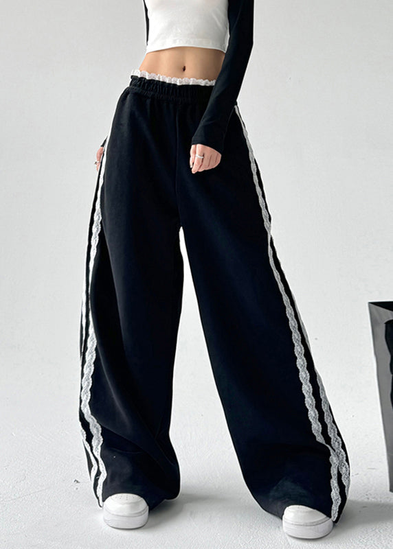 Loose Grey Lace Patchwork Elastic Waist Wide Leg Pants Spring Ta056