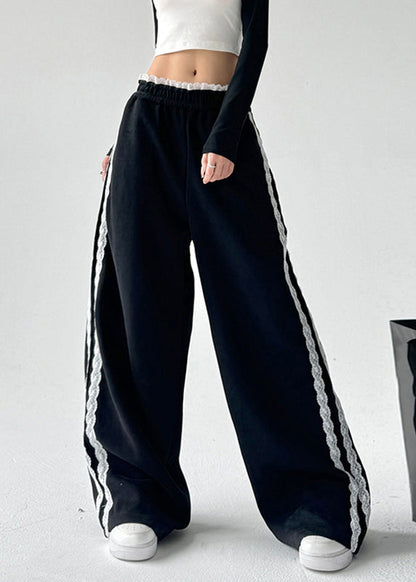 Loose Grey Lace Patchwork Elastic Waist Wide Leg Pants Spring Ta056
