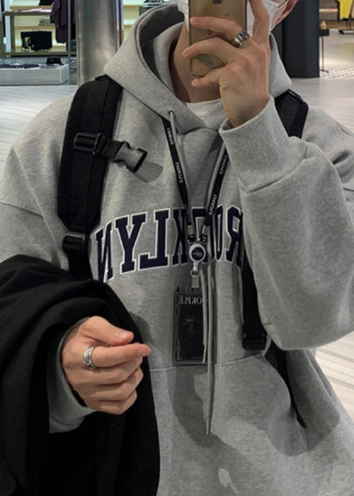 Loose Grey Letter Pockets Warm Fleece Sweatshirts Spring Yq025