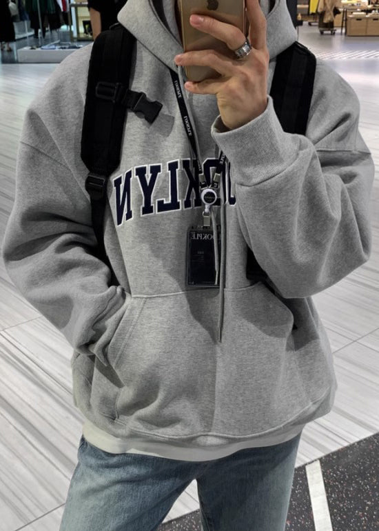 Loose Grey Letter Pockets Warm Fleece Sweatshirts Spring Yq025