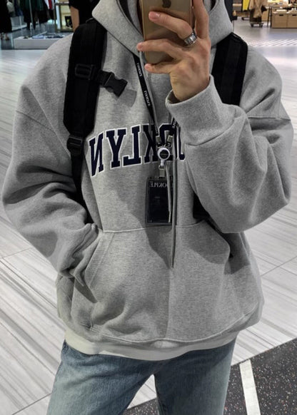 Loose Grey Letter Pockets Warm Fleece Sweatshirts Spring Yq025
