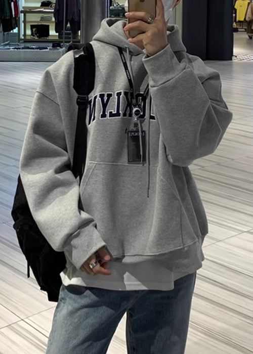 Loose Grey Letter Pockets Warm Fleece Sweatshirts Spring Yq025