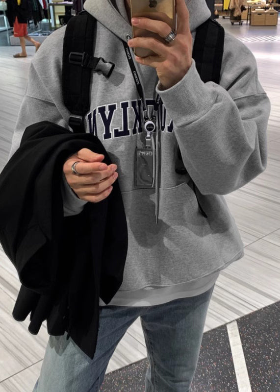 Loose Grey Letter Pockets Warm Fleece Sweatshirts Spring Yq025