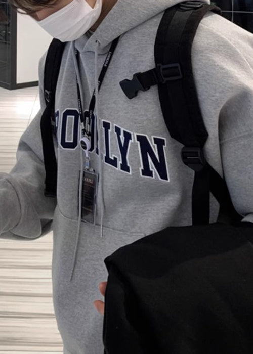 Loose Grey Letter Pockets Warm Fleece Sweatshirts Spring Yq025