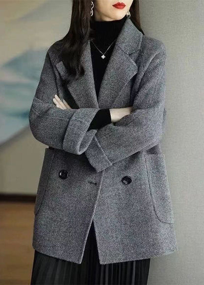 Loose Grey Notched Pockets Double Breast Woolen Coat Winter Rs020